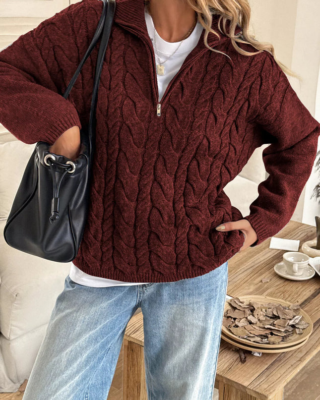 Zip Collar Cable-Knit Sweater