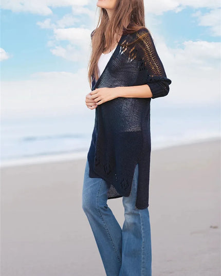 Openwork Side Slit Open Front Long Sleeve Cardigan
