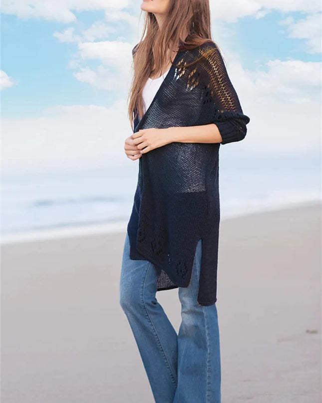 Openwork Side Slit Open Front Long Sleeve Cardigan