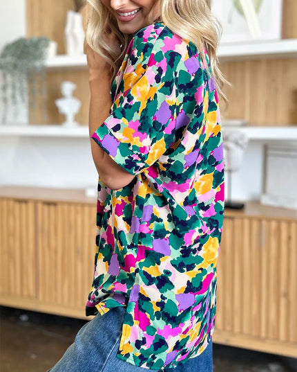 Double Take Full Size Printed V-Neck Short Sleeve Side Slit Top