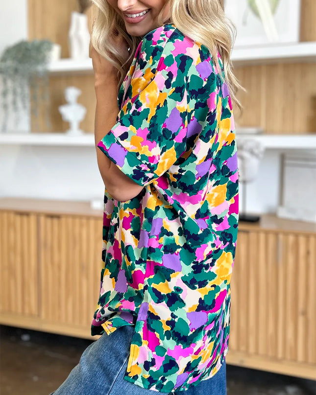 Double Take Full Size Printed V-Neck Short Sleeve Side Slit Top