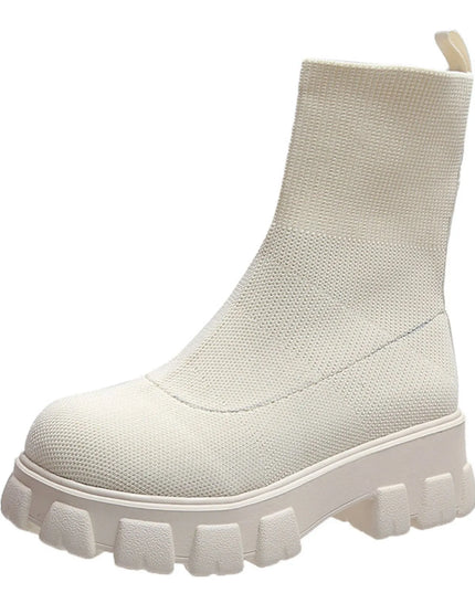 Round Toe Platform Boots Beige