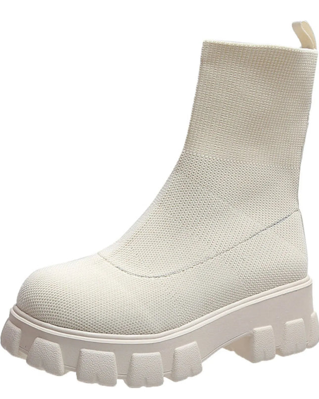 Round Toe Platform Boots Beige