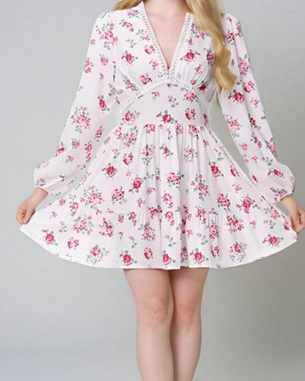 Full Size Floral V-Neck Long Sleeve Mini Dress Plus Size