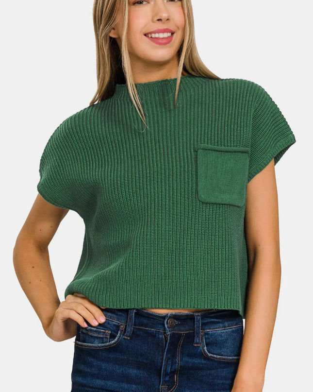 Zenana Mock Neck Short Sleeve Cropped Sweater DK GREEN