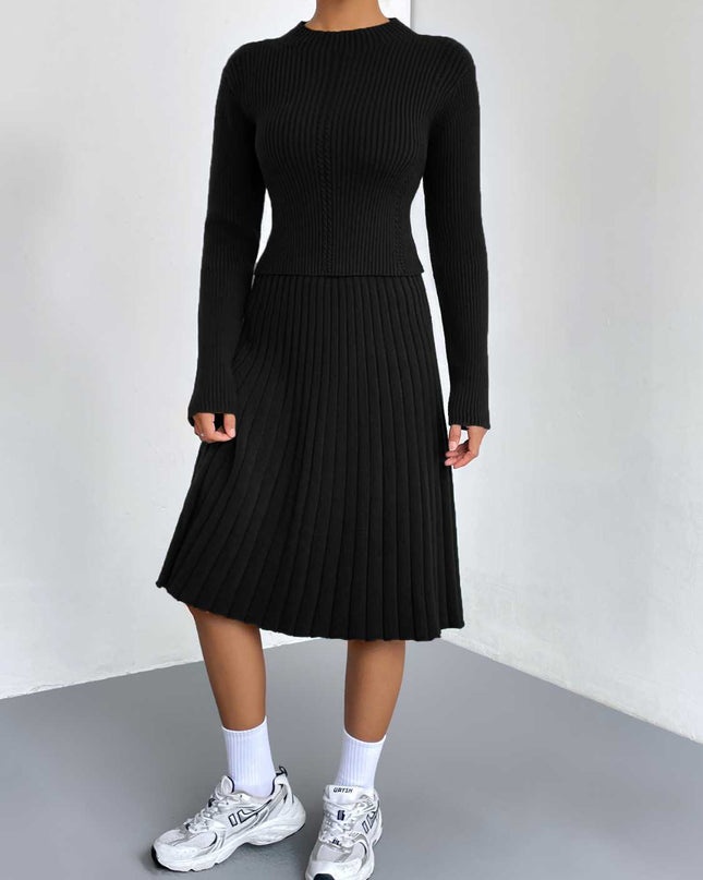 Rib-Knit Sweater and Skirt Set Black