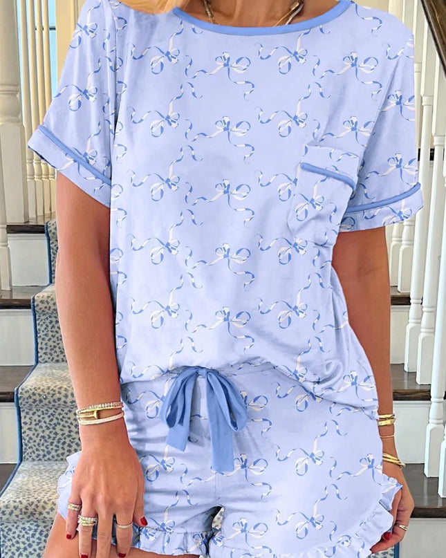Bow Print Short Sleeve Top and Shorts Pajama Set Light Blue