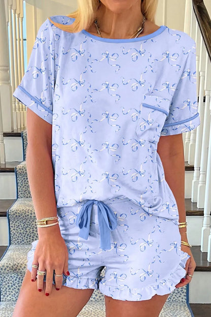 Bow Print Short Sleeve Top and Shorts Pajama Set Light Blue