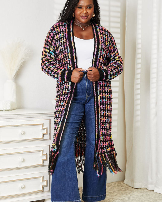 Angel Wings Full Size Multicolored Open Front Fringe Hem Cardigan