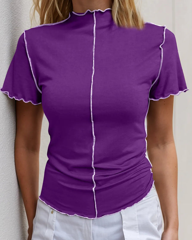 Basic Bae Contrast Trim Mock Neck Short Sleeve T-Shirt Purple