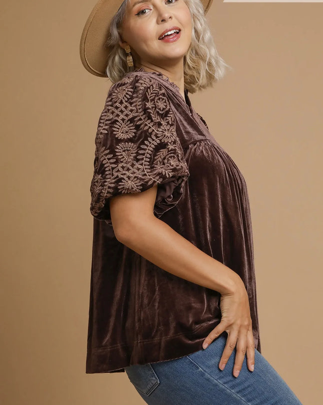 Umgee Full Size Velvet Embroidered Sleeve Blouse Plus Size