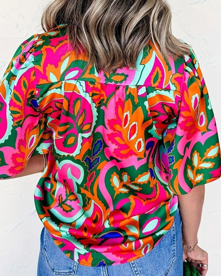 Printed Tie Neck Short Sleeve Blouse