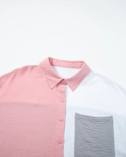 Color Block Oversized Button-Up Shirt with Chest Pocket 