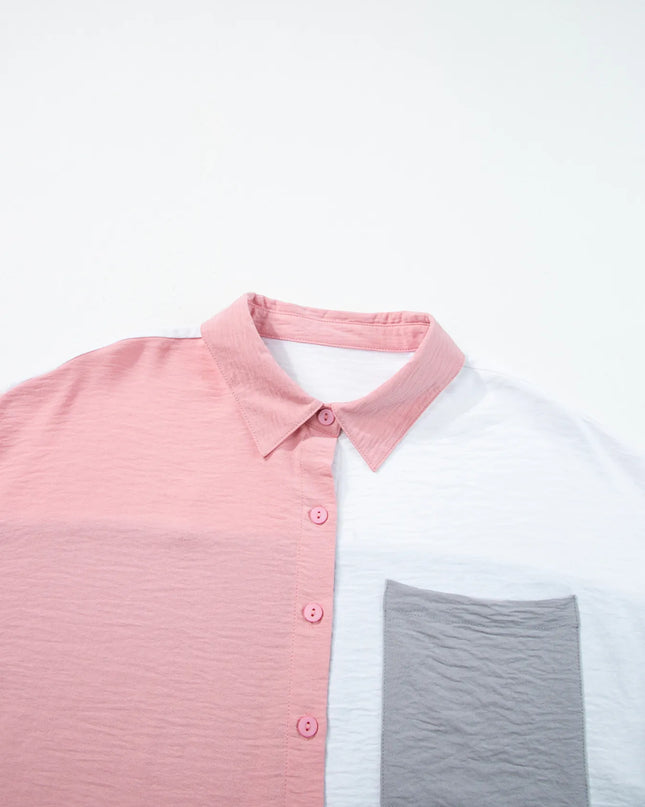 Color Block Oversized Button-Up Shirt with Chest Pocket 