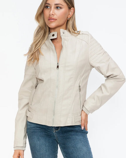 Snobbish PU Leather Biker Jacket with Side Zip Pockets