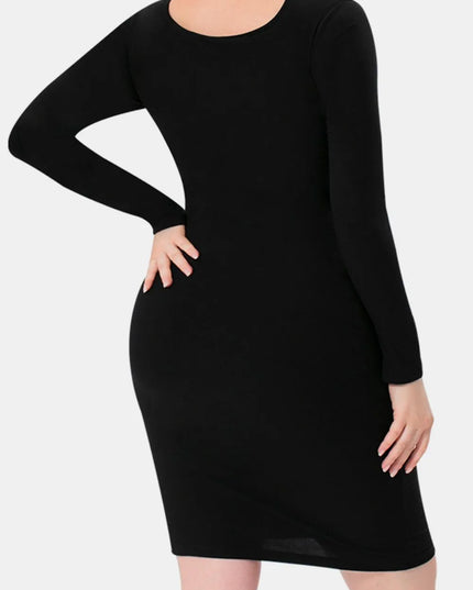 Basic Bae Full Size Built-In Shapewear Square Neck Long Sleeve Dress