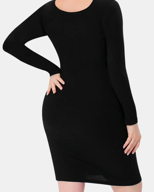 Basic Bae Full Size Built-In Shapewear Square Neck Long Sleeve Dress