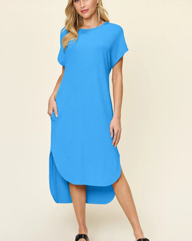 Double Take Full Size Round Neck Short Sleeve Slit Dress Sky Blue
