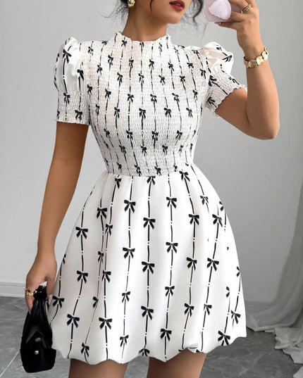 Smocked Bow Print Short Sleeve Dress White