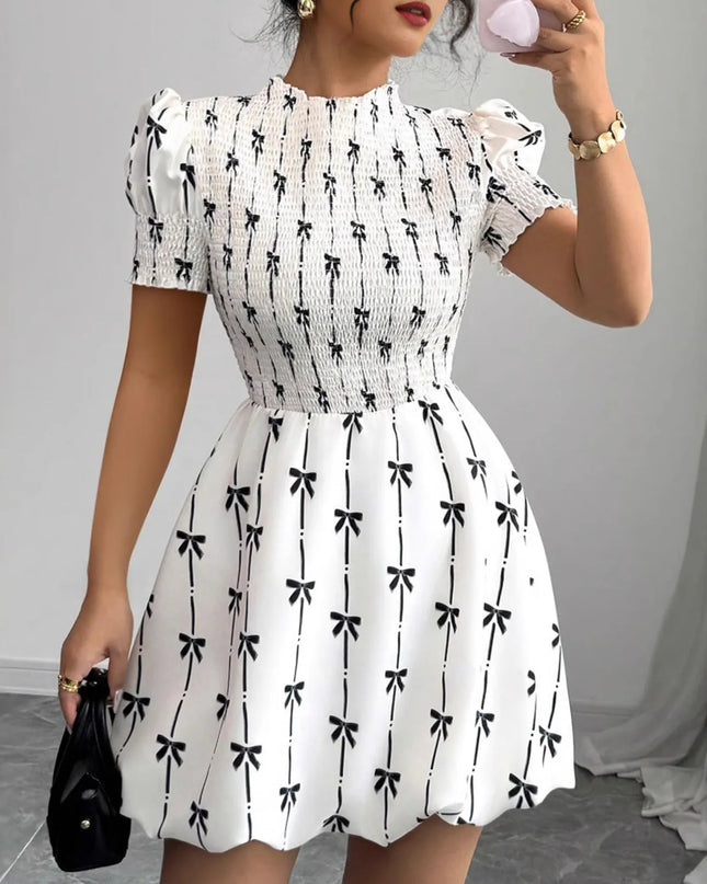 Smocked Bow Print Short Sleeve Dress White
