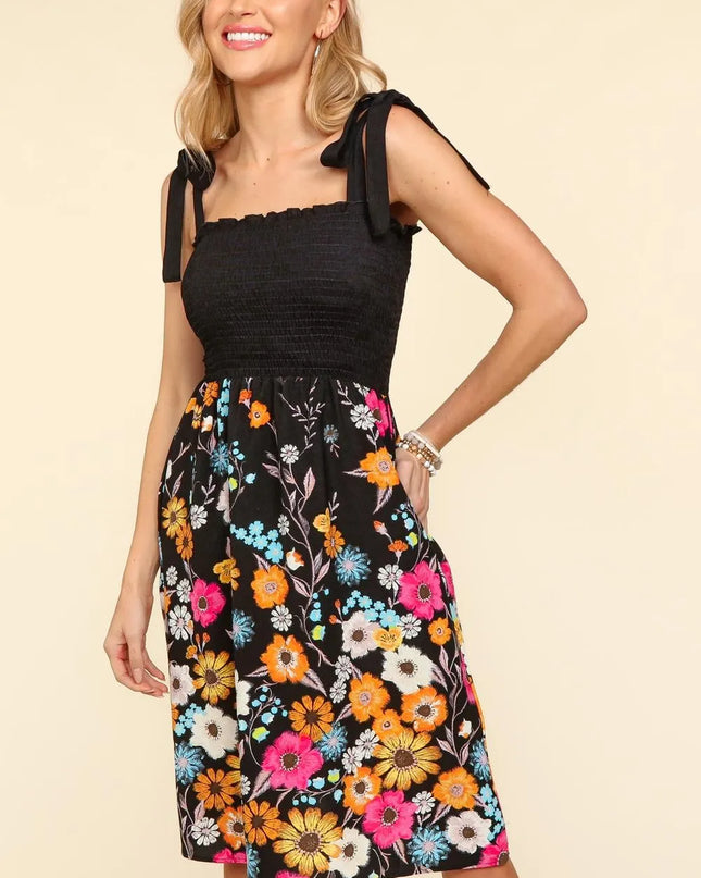 Haptics Smocked Cami Floral Dress Black