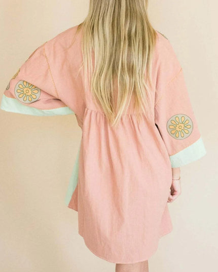 Printed V-Neck Kimono Sleeve Mini Dress
