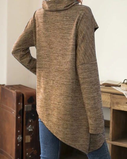 Asymmetrical Hem Cowl Neck Long Sleeve T-Shirt