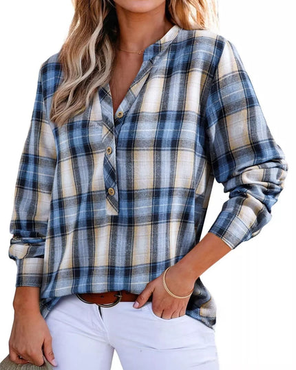 Plaid Half Button Long Sleeve Blouse
