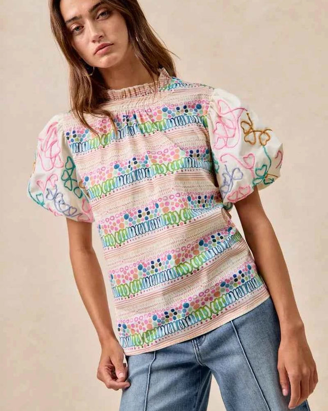 BiBi Ruffle Neckline Blouse With Embroidery Bubble Sleeve
