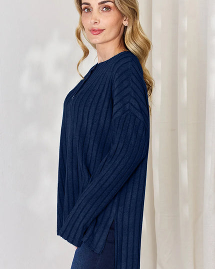 Basic Bae Full Size Ribbed Half Button Long Sleeve High-Low T-Shirt