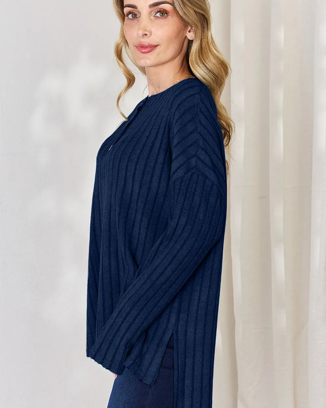 Basic Bae Full Size Ribbed Half Button Long Sleeve High-Low T-Shirt