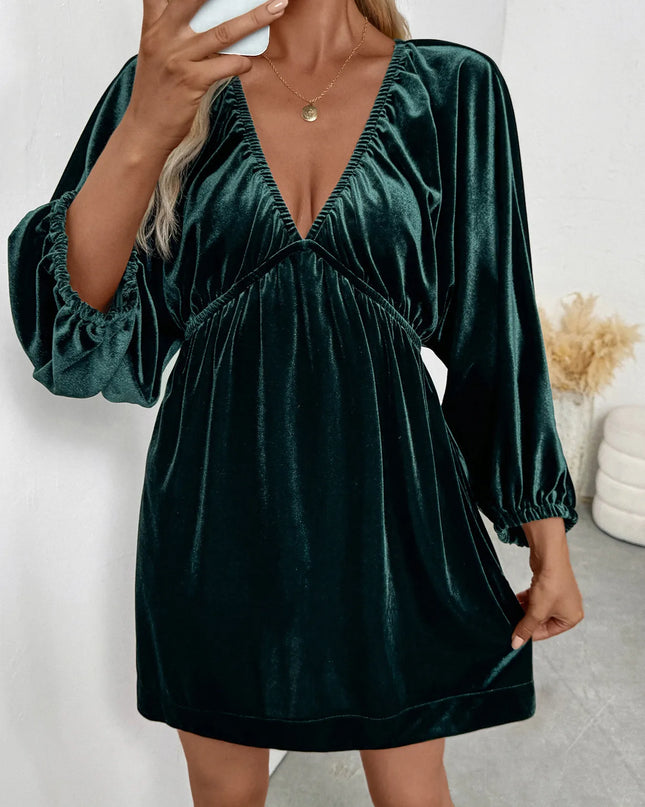 Ruched V-Neck Balloon Sleeve Dress Dark Green