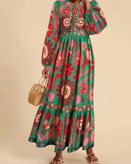 Floral Tie Waist Long Sleeve Dress Color 5
