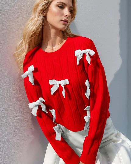 Double Take Full Size Bow Cable-Knit Round Neck Sweater Red