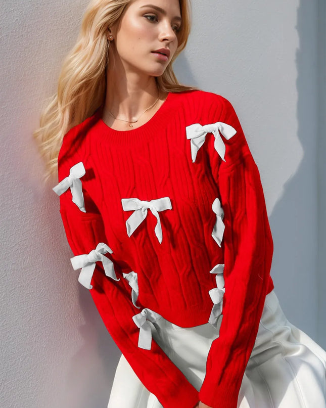 Double Take Full Size Bow Cable-Knit Round Neck Sweater Red