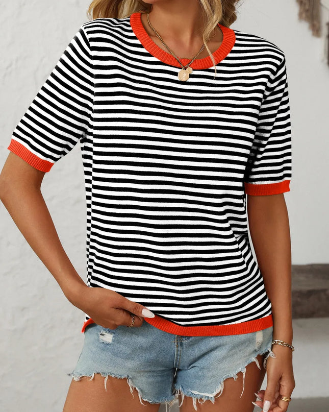 Mandy Striped Round Neck Half Sleeve Knit Top