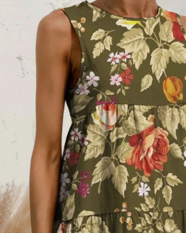 FAM-FAM Tiered Printed Round Neck Sleeveless Dress