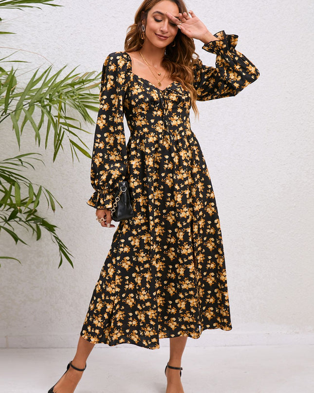 Flounce Sleeve Slit Midi Dress 