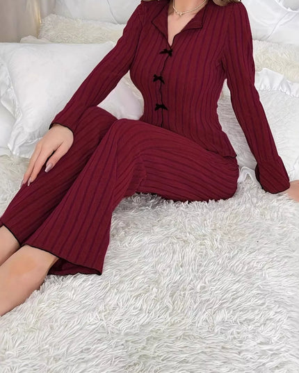Ribbed Bow Front Top and Pants Lounge Set Wine Red