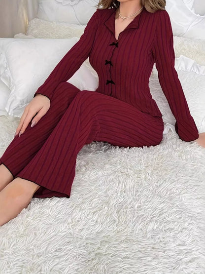 Ribbed Bow Front Top and Pants Lounge Set Wine Red