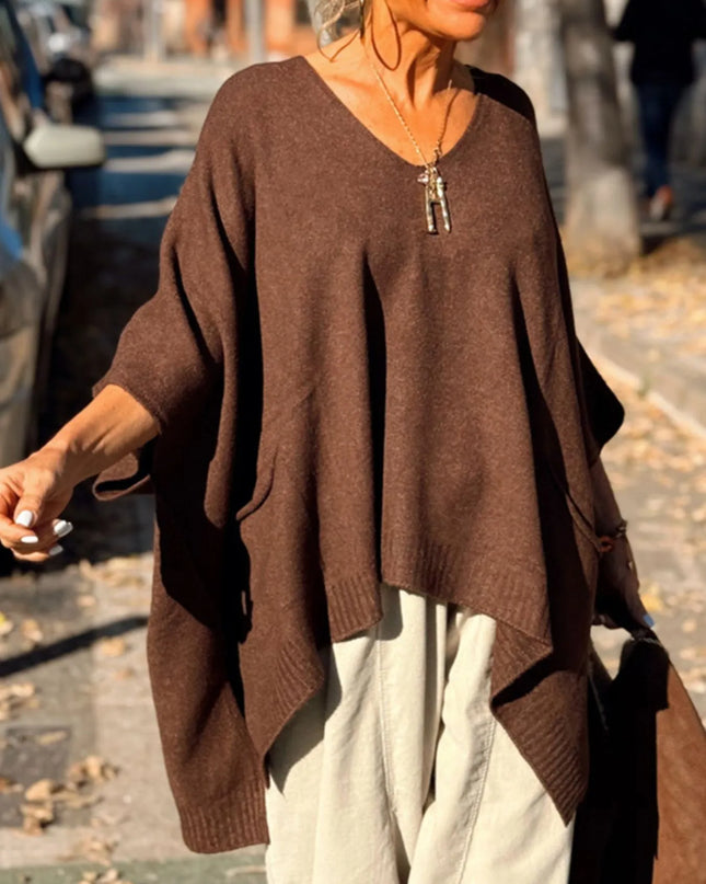 Ribbed Hem V-Neck Sweater Coffee Brown