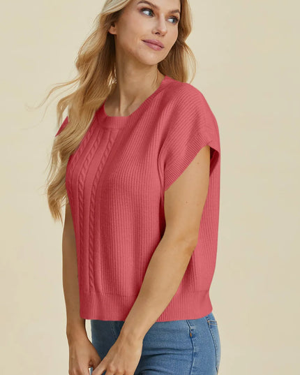 Double Take Full Size Cable-Knit Round Neck Short Sleeve Sweater