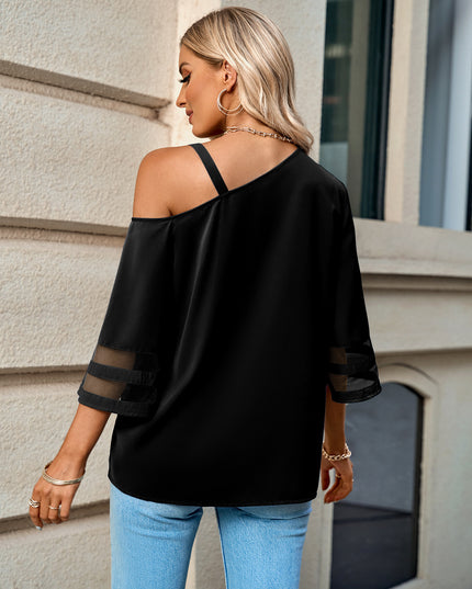 Asymmetrical Neck Sheer Striped Flare Sleeve Blouse