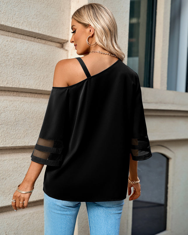 Asymmetrical Neck Sheer Striped Flare Sleeve Blouse