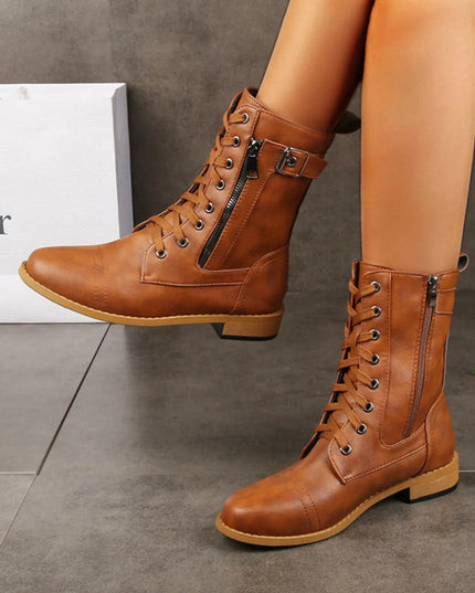 Lace-Up Buckle Detail Boots Brown