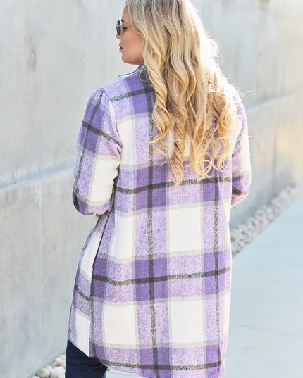 Double Take Full Size Plaid Button Up Lapel Collar Coat