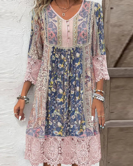 Full Size Lace Detail Printed Three-Quarter Sleeve Dress Blush Pink