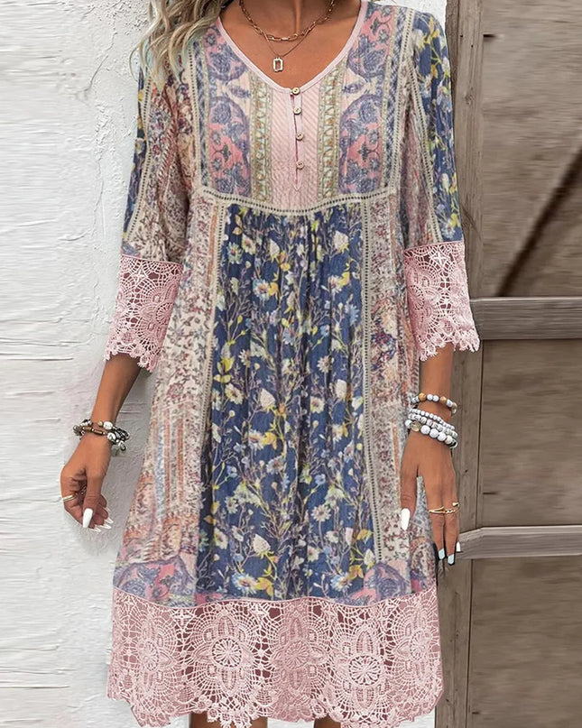 Full Size Lace Detail Printed Three-Quarter Sleeve Dress Blush Pink