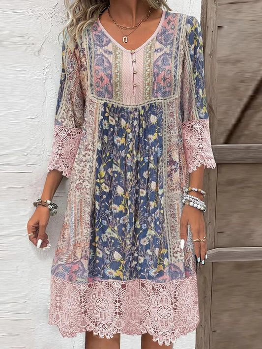 Full Size Lace Detail Printed Three-Quarter Sleeve Dress Blush Pink