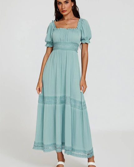 Lace Detail Bardot Maxi Dress in Blue